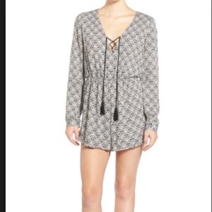 Lush Lace Up Print Romper Size S Olive/Ivory